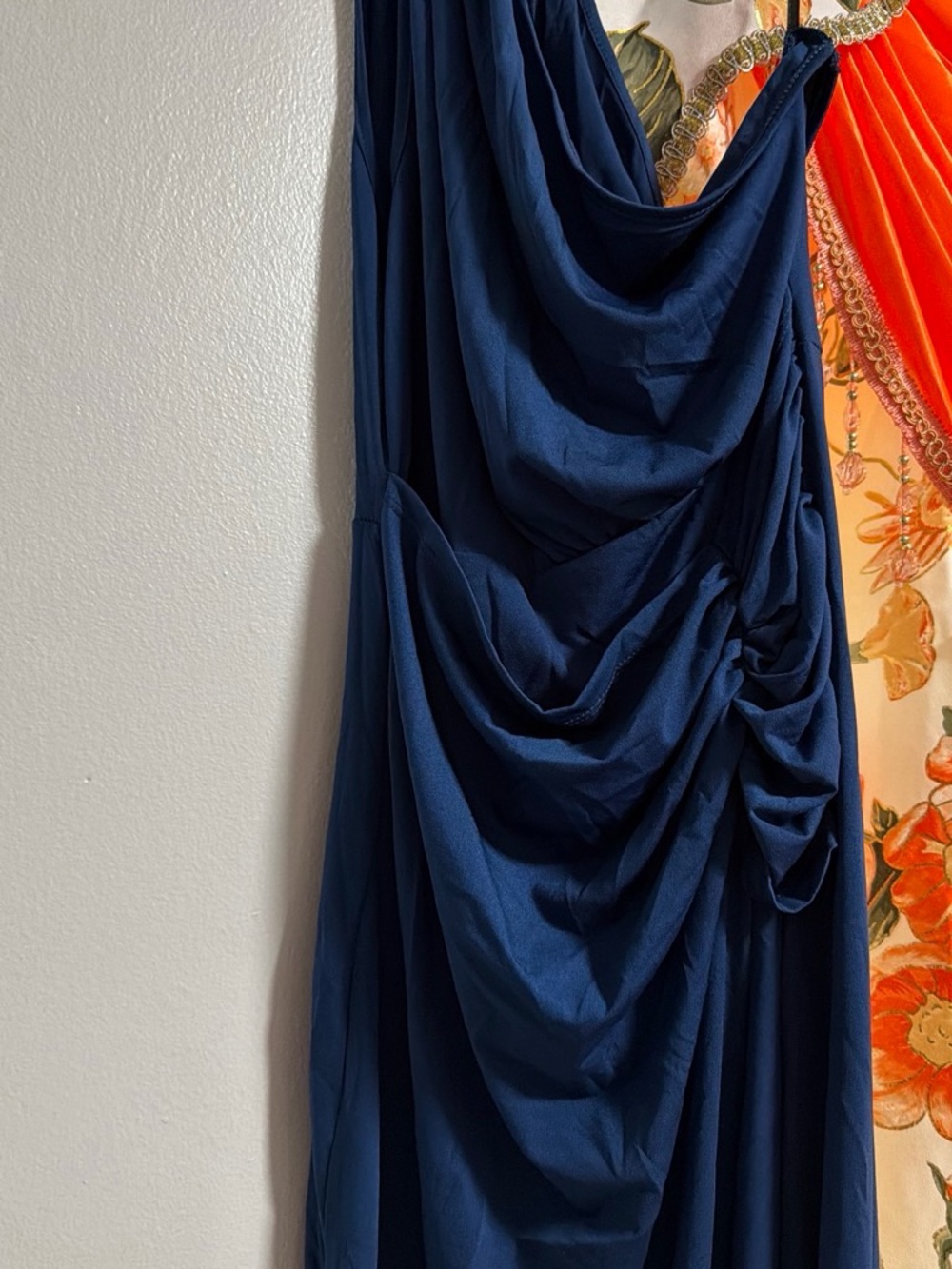 One-Shoulder Navy Draped Women’s Dress